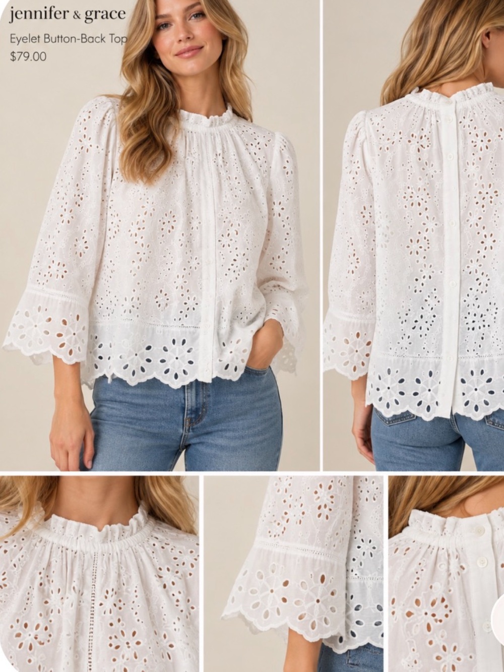 Nordstrom White Eyelet Ruffled Neck Button-Back Blouse
